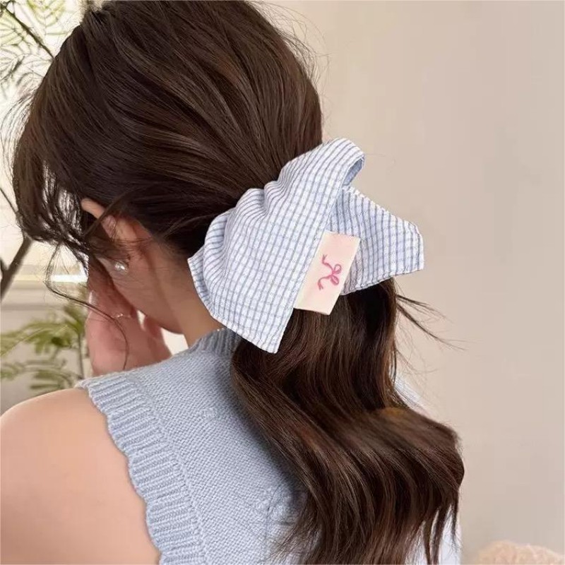 Élégant foulard carré en coton doux rayé bleu et blanc, attache-cheveux – Convient aux coiffures chignon et queue de cheval basse
