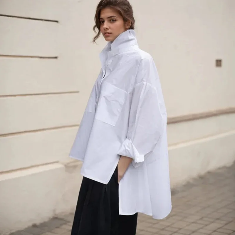 Chemisier décontracté pour femmes, chemise blanche ample irrégulière, mode dame, revers, manches longues, simple boutonnage, hauts de couleur unie, nouvelle collection