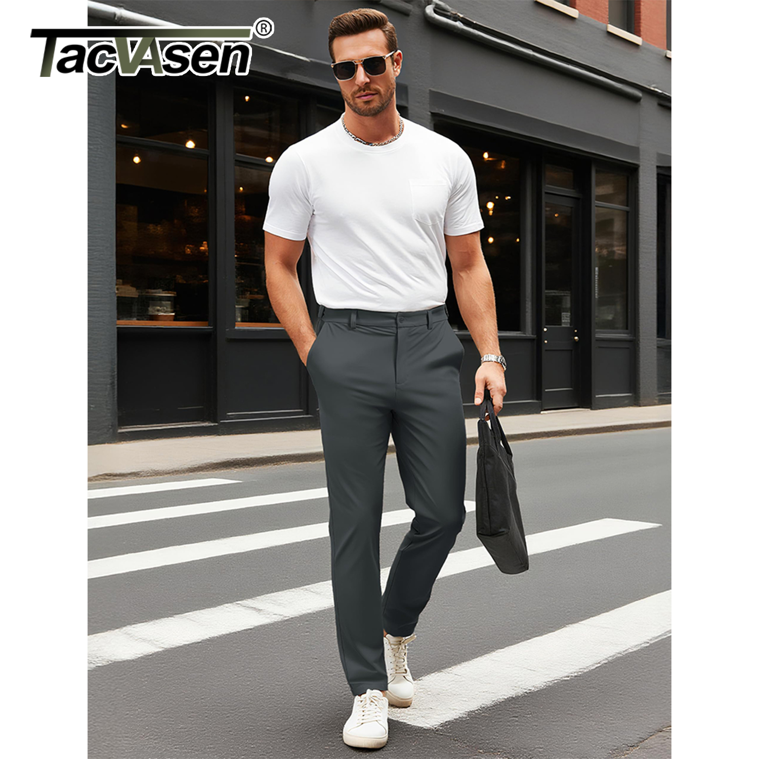 TACVASEN Pantalon décontracté pour homme, jambes droites, devant plat, imperméable, taille extensible, pour golf, pantalon de travail léger