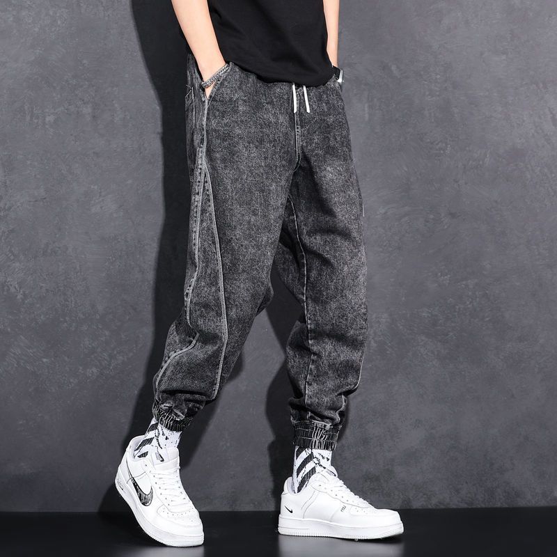 Jean en Denim ample à taille élastique pour hommes, mode décontractée, vêtements de travail de printemps, pantalon noué au pied avec marque, vêtements de travail, Baggy, 2024