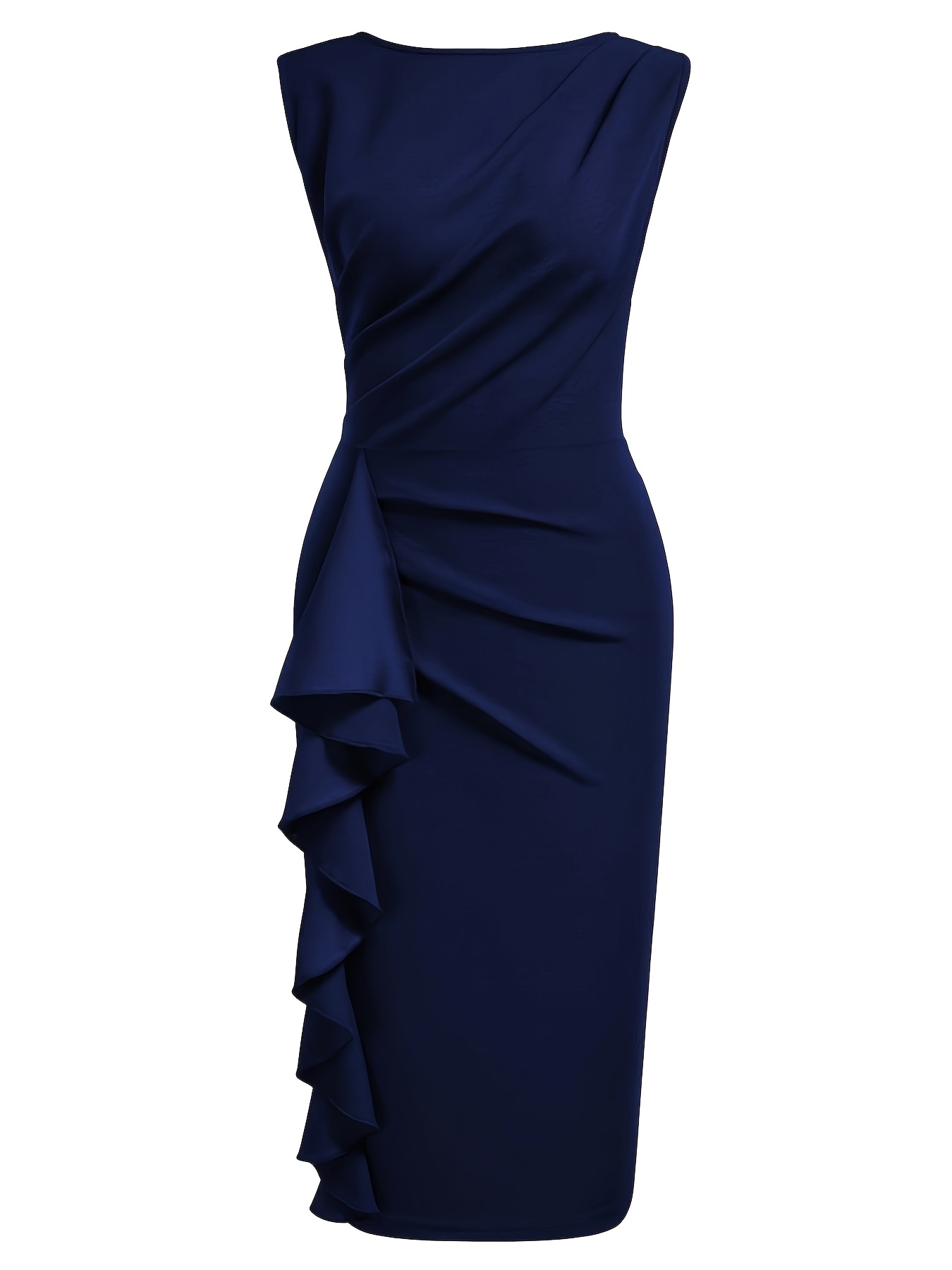 Robe fourreau élégante pour femme, col rond, sans manches, style vintage, ajustée, pour le travail, le bureau, les cocktails, les soirées, les occasions décontractées, avec volants