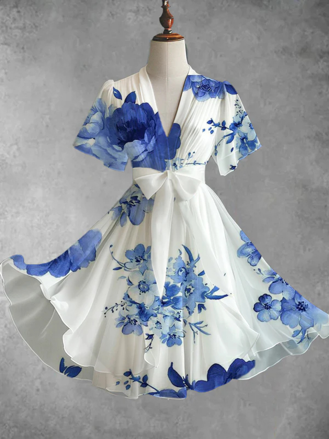 Robe mi-longue élégante et stylée à manches courtes, col en V, imprimé floral vintage, grande taille pour femme