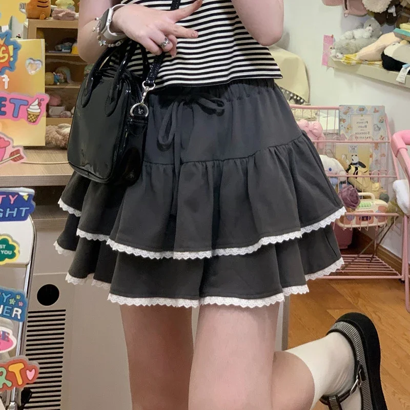 Mode coréenne dentelle taille haute douce femmes jupe mince Style Ballet décontracté gâteau jupe quotidien tout Match Kawaii Sexy Mini jupes nouveau