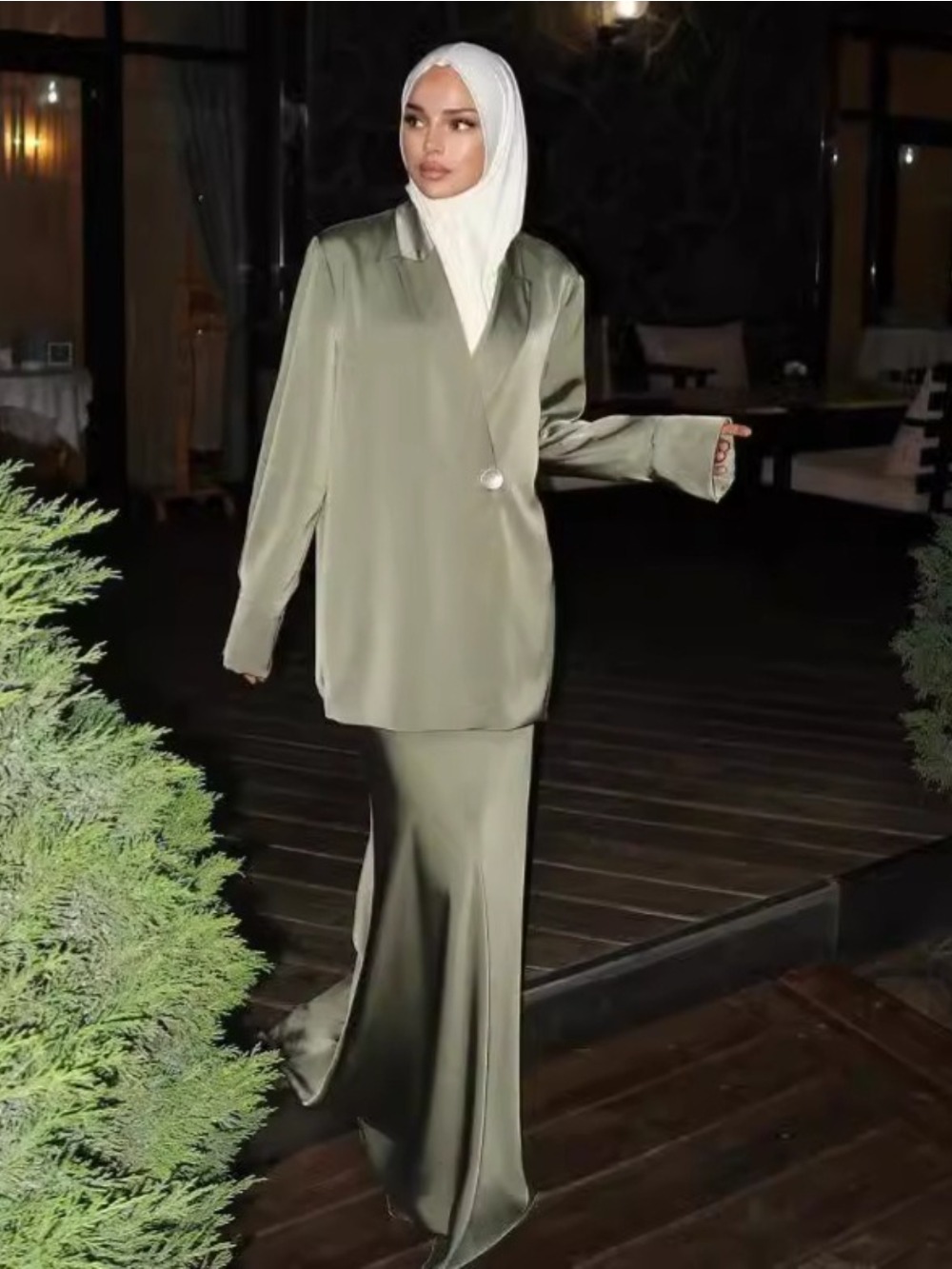 Eid Musulman Ensemble Femmes Satin Top Chemise Jupe 2 Pièces Ensemble Chemisier Solide Manches Longues Chemises Costumes Arabe Dubaï Musulman Ensembles 2025