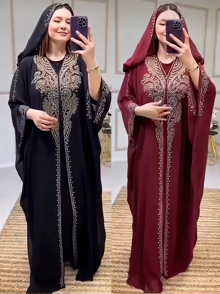 Eid Robe musulmane pour femmes à capuche Abaya 2 pièces ensemble diamant Jalabiya Maroc robes de soirée dubaï Abayas caftan Robe longue Robe