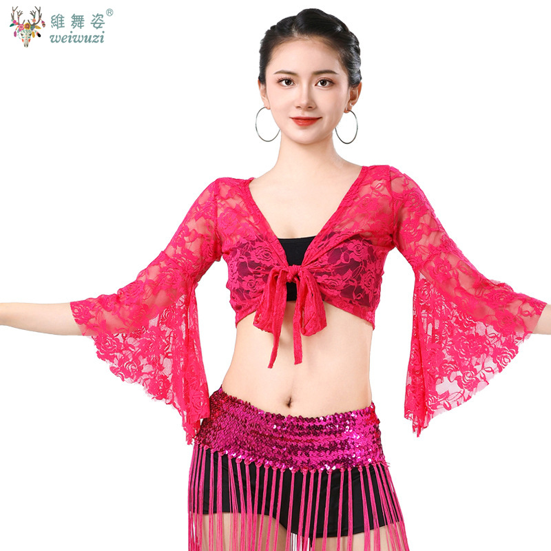 Costume de danse du ventre pour femmes, manches évasées en maille, châle à lacets, boléro, hauts, chemise de Ballet latine, Costume de spectacle