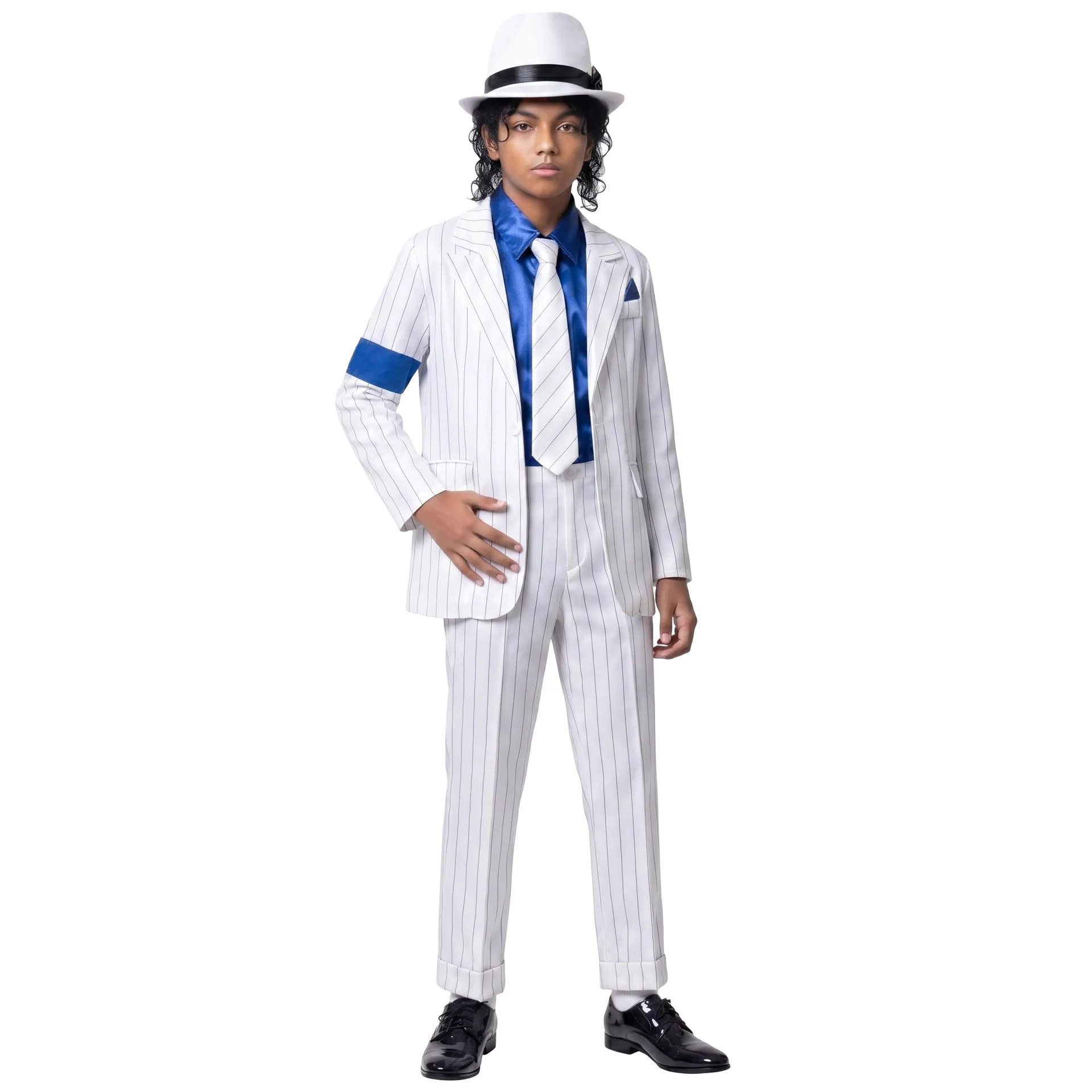 Costume de cosplay Michael Jackson Smooth Criminal, blazer blanc, pantalon, chemise bleue, cravate, chapeau, MJ King of Pop, robe de carnaval d'Halloween