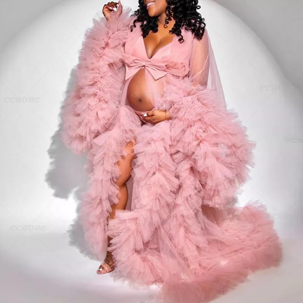 Robe de chambre longue en Tulle transparent pour femmes, Robe bouffante de grossesse, de maternité, pour réception-cadeau pour bébé, chemise de nuit, vêtements de nuit