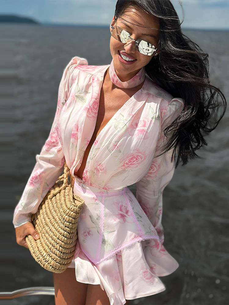 Robe mini élégante et sexy pour femme, rose à imprimé floral, manches bouffantes, col en V profond, avec ceinture, ourlet à volants en satin, collection 2026