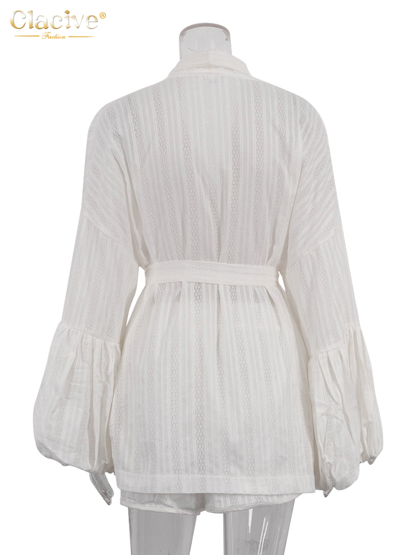 Clacive mode ample blanc coton ensembles pour femmes 2 pièces 2025 élégant manches bouffantes Robes avec taille haute Shorts ensemble femme