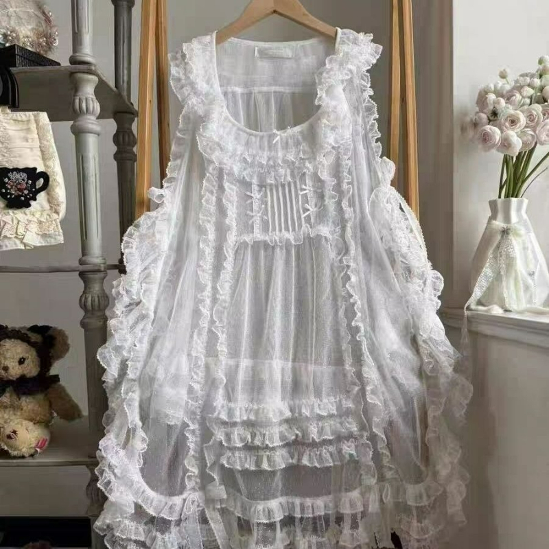 Robe de style japonais pour femmes, style Kawaii, avec nœud, col carré, en maille, à volants, robe cache-cœur, pour filles, style Y2K, mignonne, sans manches, Lolita, Smock