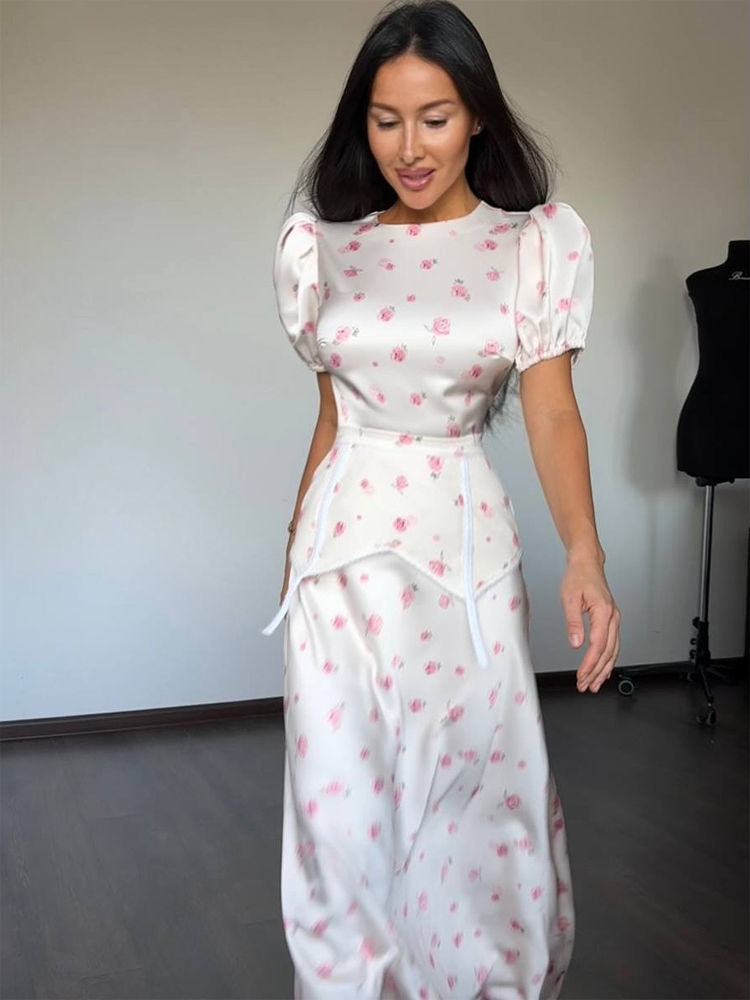 Ensemble jupe et haut en satin imprimé pour femme, col rond, manches courtes, taille haute, élégant, chic, tenue de ville, mode féminine 2026