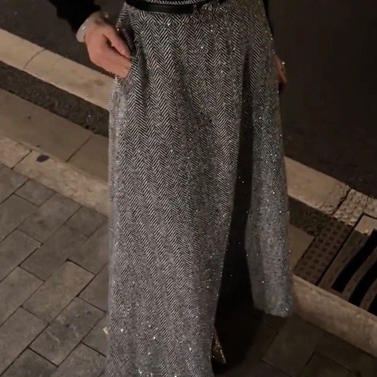 Jupe Style coréen femmes gris taille haute paillettes jupes en laine Faldas Largas Юбка concepteur de luxe tendance Jupe longue