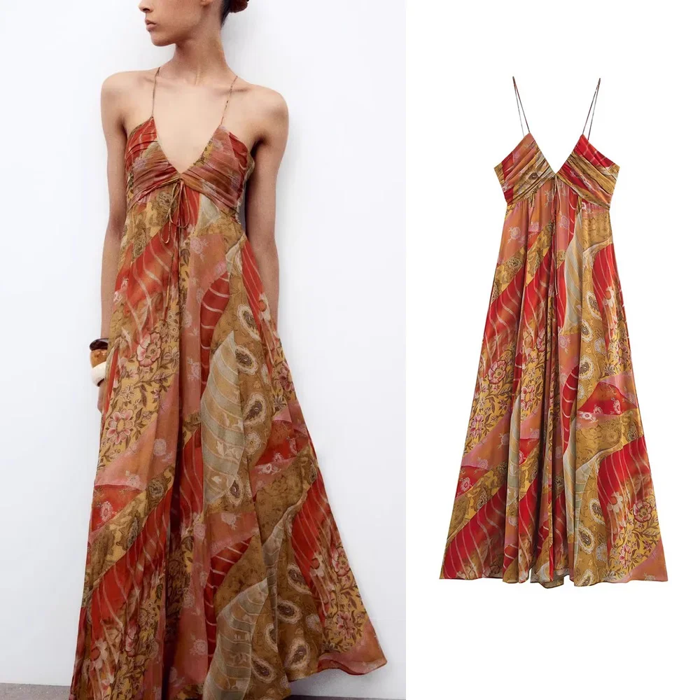 PRINTKAOIR imprimé femmes Robe longue dos nu plis a-ligne grand ourlet Robe 2025 été élégant femme fête vacances robes