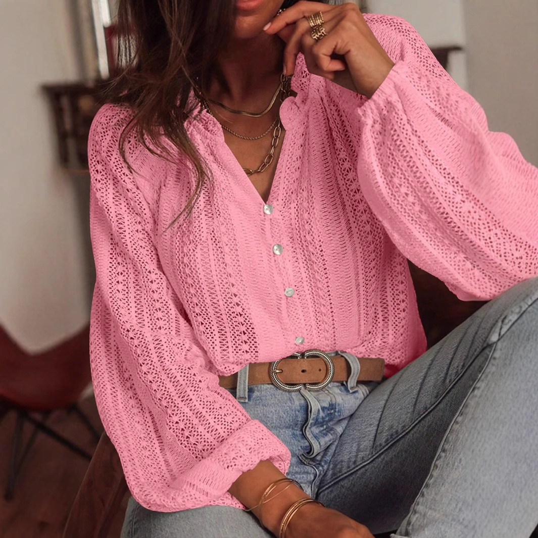 Chemise ample à manches longues pour femmes, mode assortie avec tout, dentelle creuse, col en v, chemisiers à rupture unique, printemps et automne 2025