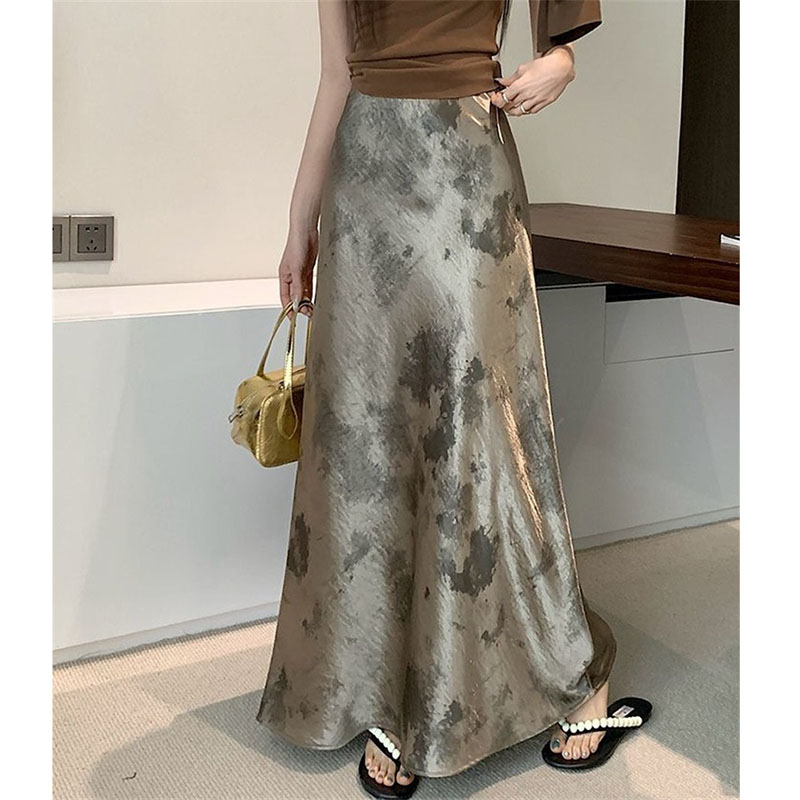 Jupe longue en satin d'acétate grande taille 4XL pour femme, jupe longue sirène imprimée style coréen pour l'été, jupe maxi mode pour femme