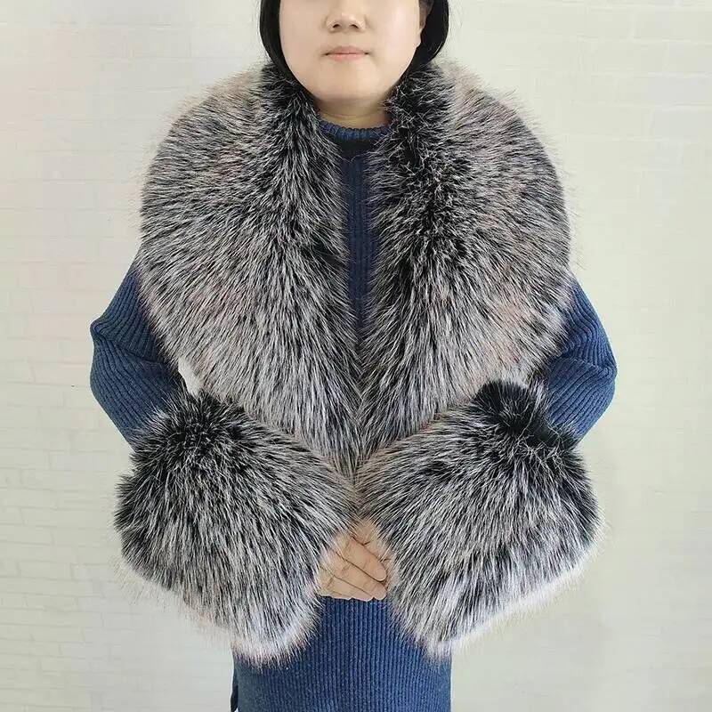 Grande écharpe d'hiver en fausse fourrure de renard pour femme, vestes chaudes et moelleuses, châle à la mode, ensemble col et manchette en fourrure artificielle, écharpes moelleuses pour femme