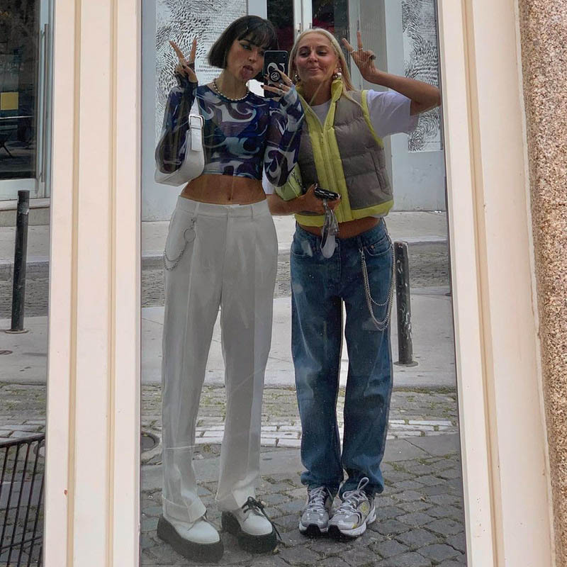 Hauts courts à la mode pour femmes: maille, transparent, imprimé, col rond, manches longues, pull, sexy, streetwear, Y2K, style Harajuku