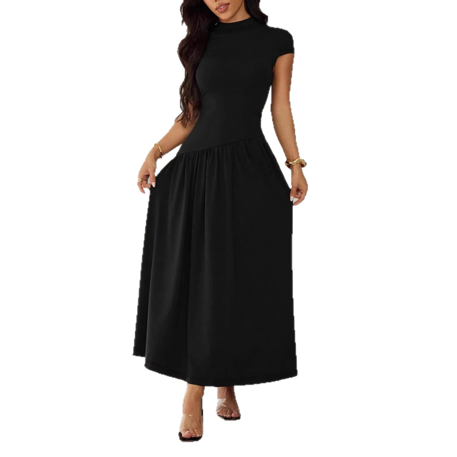 Nouvelle Robe Longue Maxi Élégante et Tendance 2026 pour Femme, Couleur Unie, Coupe Ajustée, Manches Courtes, Col Rond