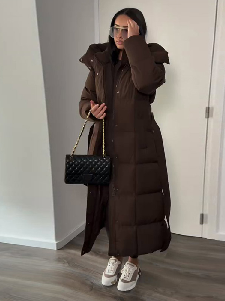 Veste Maxi en coton brillant pour femme, Chic, avec capuche, mode, manches longues, ceinture à la taille, manteau surdimensionné, vêtements d'extérieur chauds d'hiver 2025