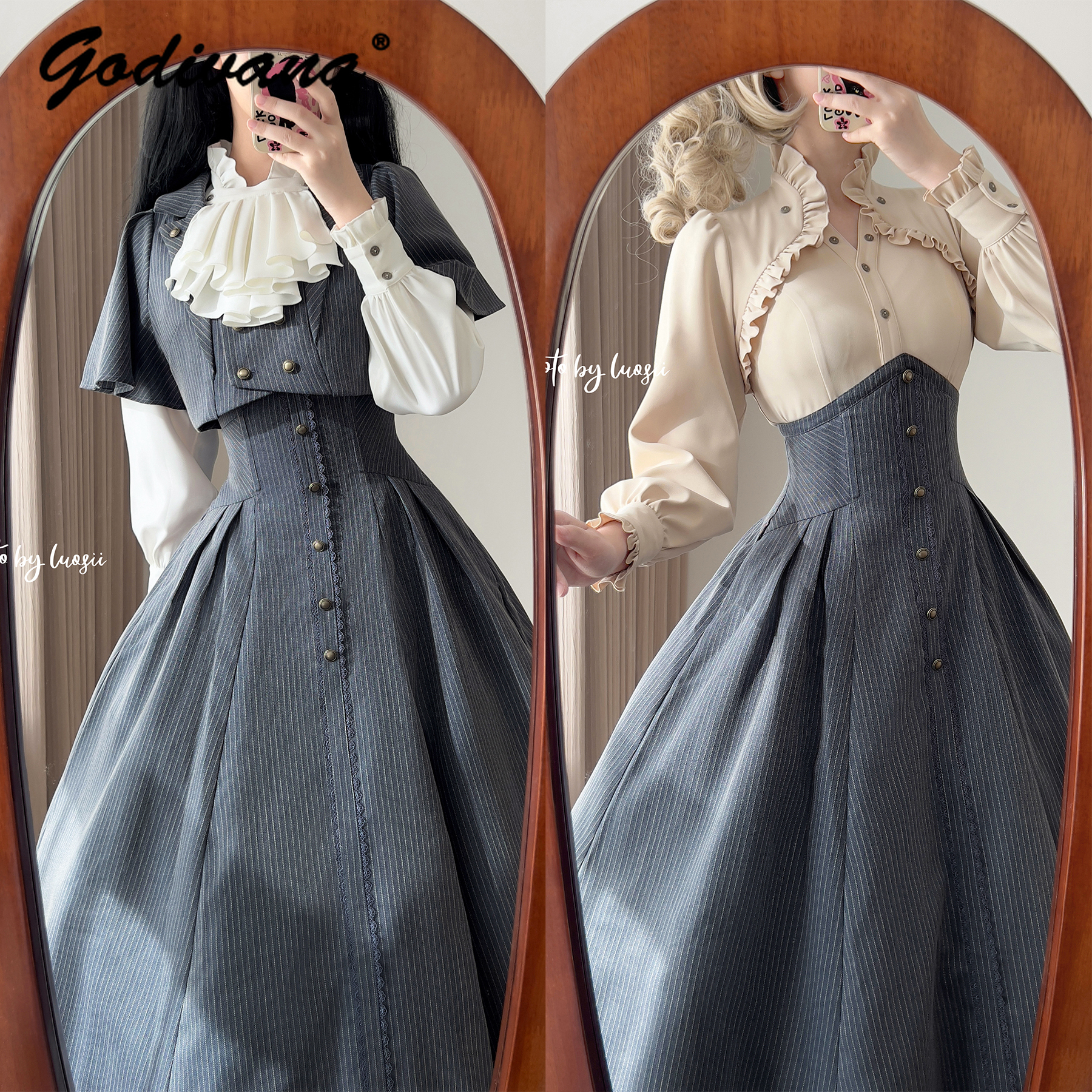 Ensemble jupe rétro Original pour femmes, nouvelle collection printemps, col montant, chemise à manches longues, petit manteau Cape, jupe longue classique élégante