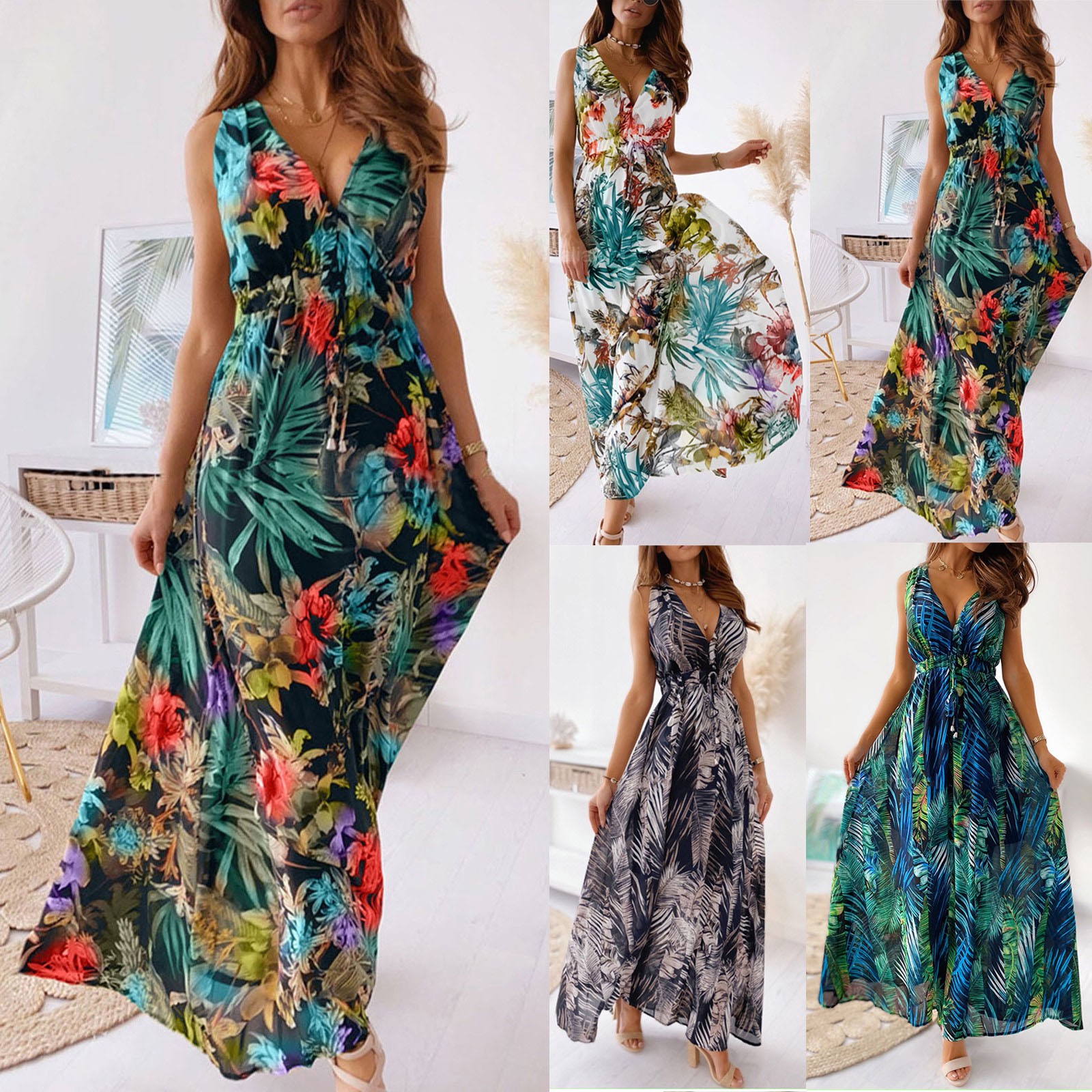 Robe longue en mousseline de soie pour femmes, style français, manches courtes, élastique, trapèze, imprimé bohème, plage, été