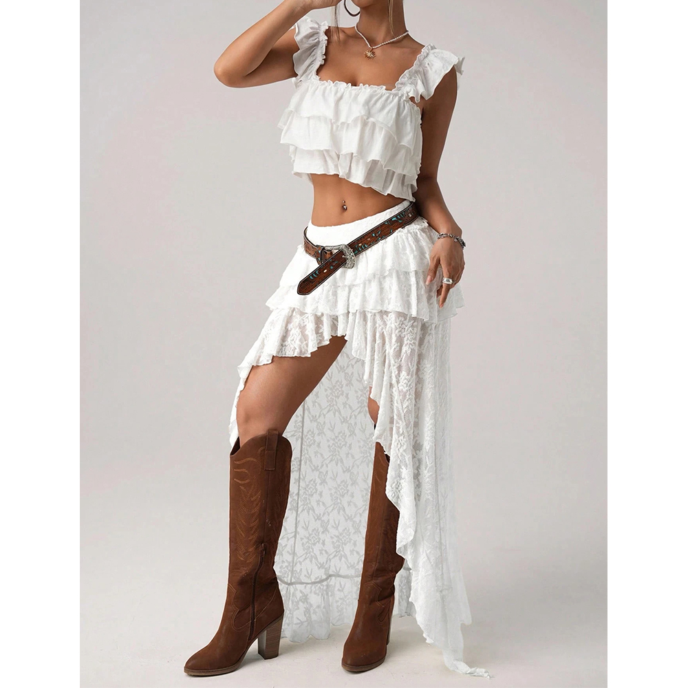 Femmes Vintage Sexy jupes ourlet irrégulier multi-couches volants dentelle Patchwork doux dame Boho maille transparente Maxi jupes Streetwear