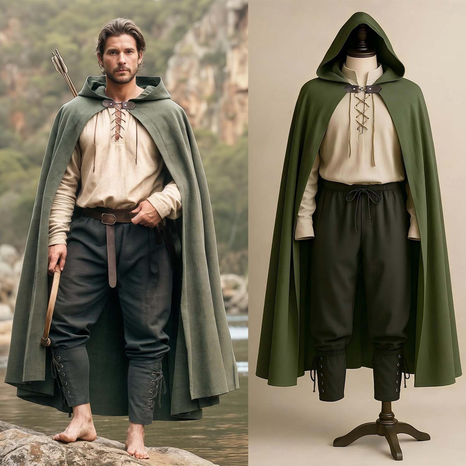 Ensemble de costumes médiévaux et de la Renaissance, cape, tenue de viking, costume de ranger, déguisement pour homme, viking, Halloween, carnaval, performance, LARP
