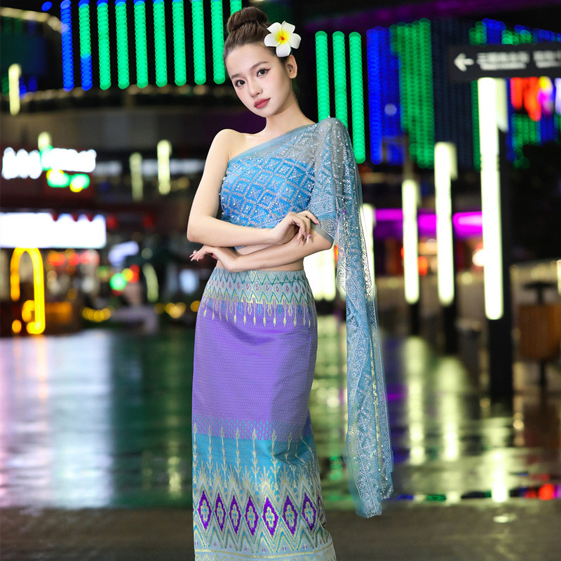 Robe Traditionnelle Thaïlandaise Vintage Dai pour Femme, Ensemble Jupe Sarong, Costume de Festival, Châle à Paillettes, Vêtements Asiatiques RON, 5 Pièces