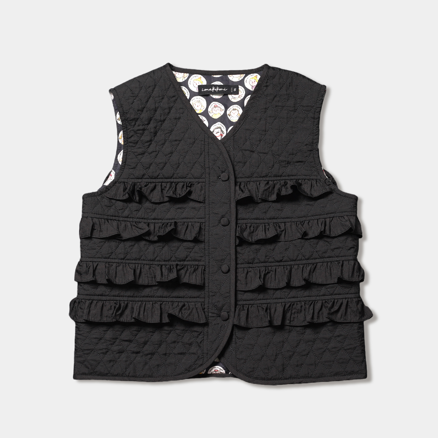 imakokoni Vêtement Femme, Veste Décontractée Sans Manches Noire Matelassée avec Volants 3D et Bordure en Dentelle, Haut d'Automne pour Femmes