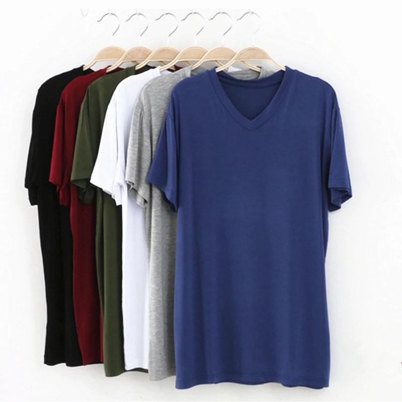 Nouveau T-shirt Modal Homme Col V Grande Taille Manches Courtes Coupe Ample Couleur Unie 2026
