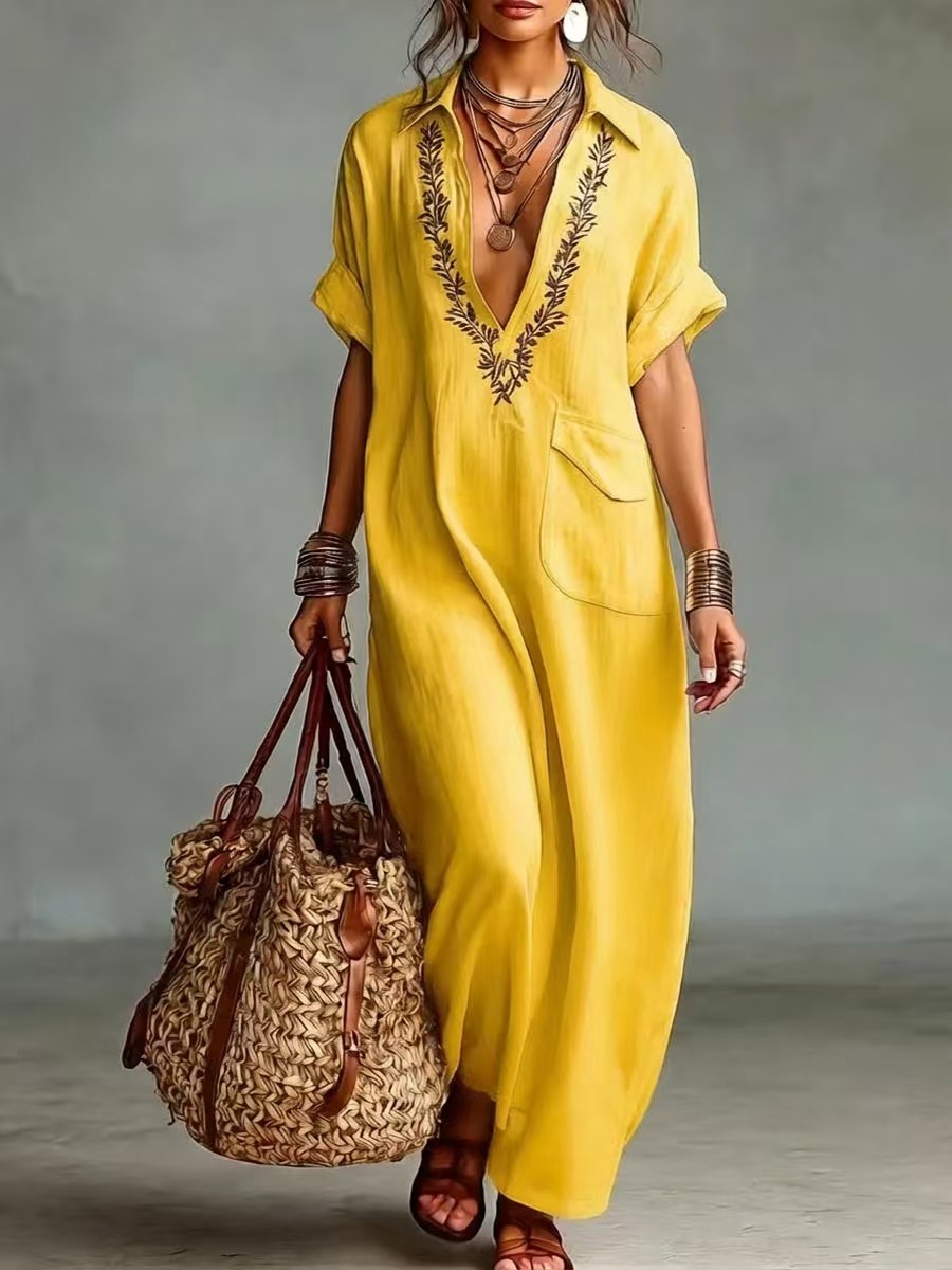 Robe longue en lin mélangé pour femmes, col en V brodé, manches courtes, coupe ample, robe à poches, style décontracté bohème, vacances d'été à la plage, kaftan