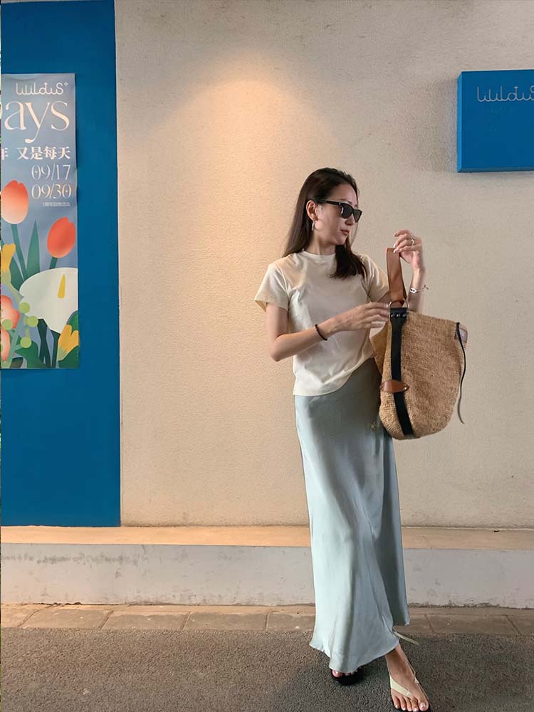 Jupe longue en satin taille haute pour femme, simple et élégante, idéale pour l'été