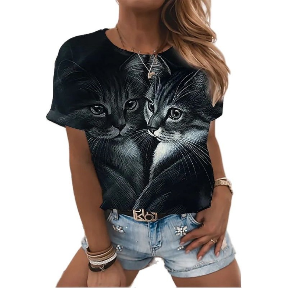 Mode femmes t-shirt chemisier à manches courtes T-Shirts Vintage Y2k Harajuku 3D chat impression vêtements noir Kawaii T-Shirts pour les femmes 2025