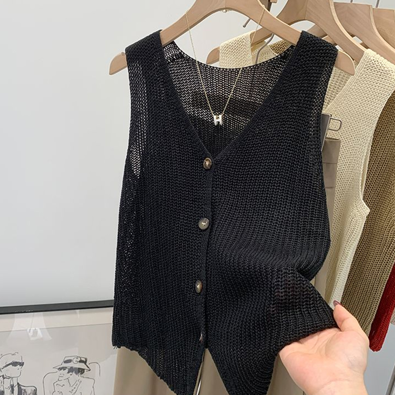 Gilet d'été coréen en coton et lin pour femmes, mode décontractée, couleur unie, ample, col en v