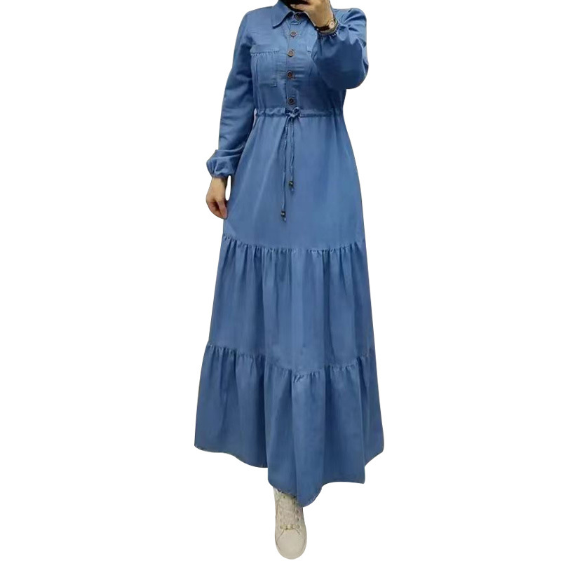 Robe Élégante en Denim à Simple Boutonnage pour Femme, Caftan Musulman à Col Rabattu, Dubaï, Turquie, Vêtements Islamiques