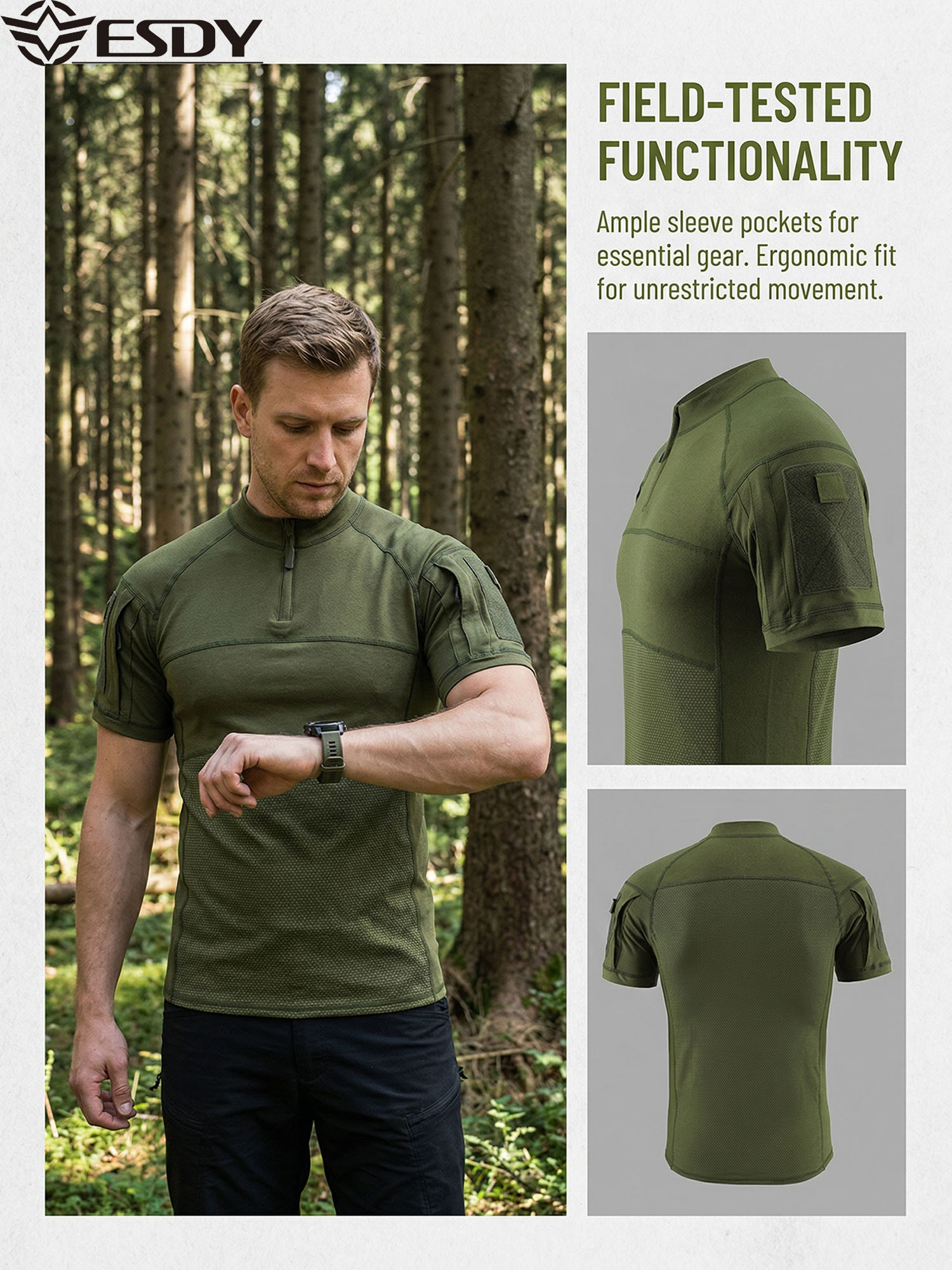T-shirt tactique à haute élasticité pour hommes, chemise de combat militaire respirante et résistante à l'usure avec poches sur les bras pour la chasse, le camping et la randonnée