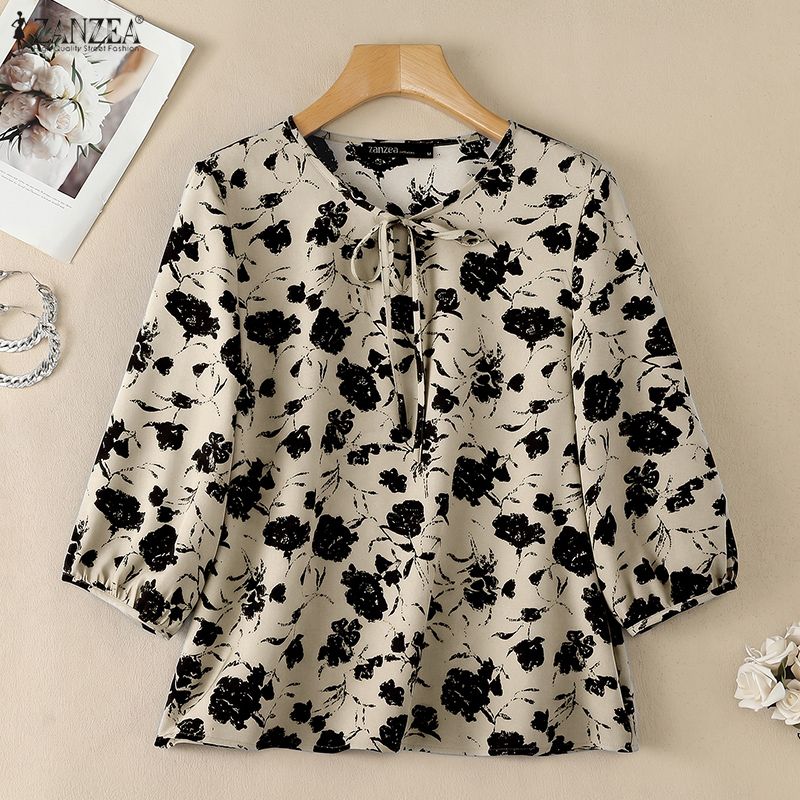 ZANZEA Chemisier Bohème à Imprimé Floral pour Femmes, Automne, Vintage, Manches 3/4, Col à Lacets, Chemise Ample, Décontractée, pour le Bureau, Tunique Mujer