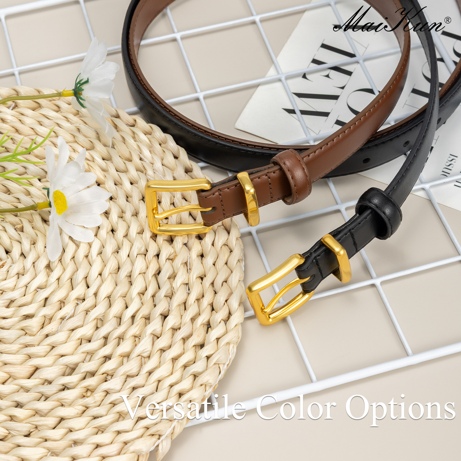 Ceinture Maikun pour femme avec boucle dorée, ceinture élégante en cuir compatible avec les robes et les pantalons