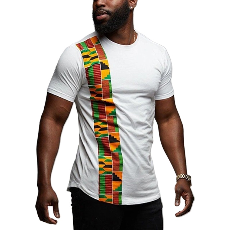 T-shirt Africain à Manches Courtes et Col Rond pour Homme, Vêtement avec Patchwork de Documents Imprimés, Style Ankara, Noir