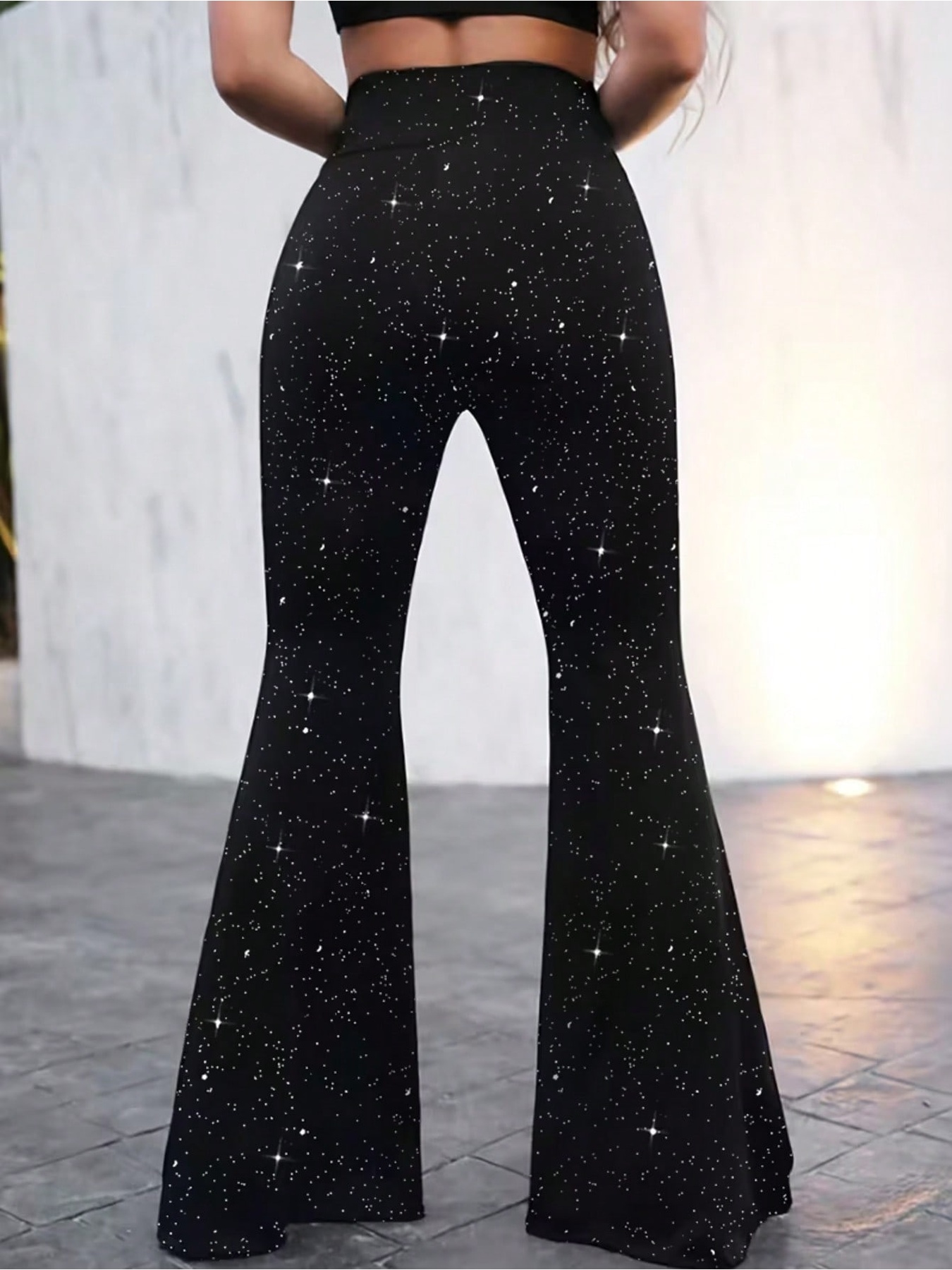 Pantalon long évasé à taille cintrée, confortable et décontracté, couleur unie, avec sequins, élégant pour femme