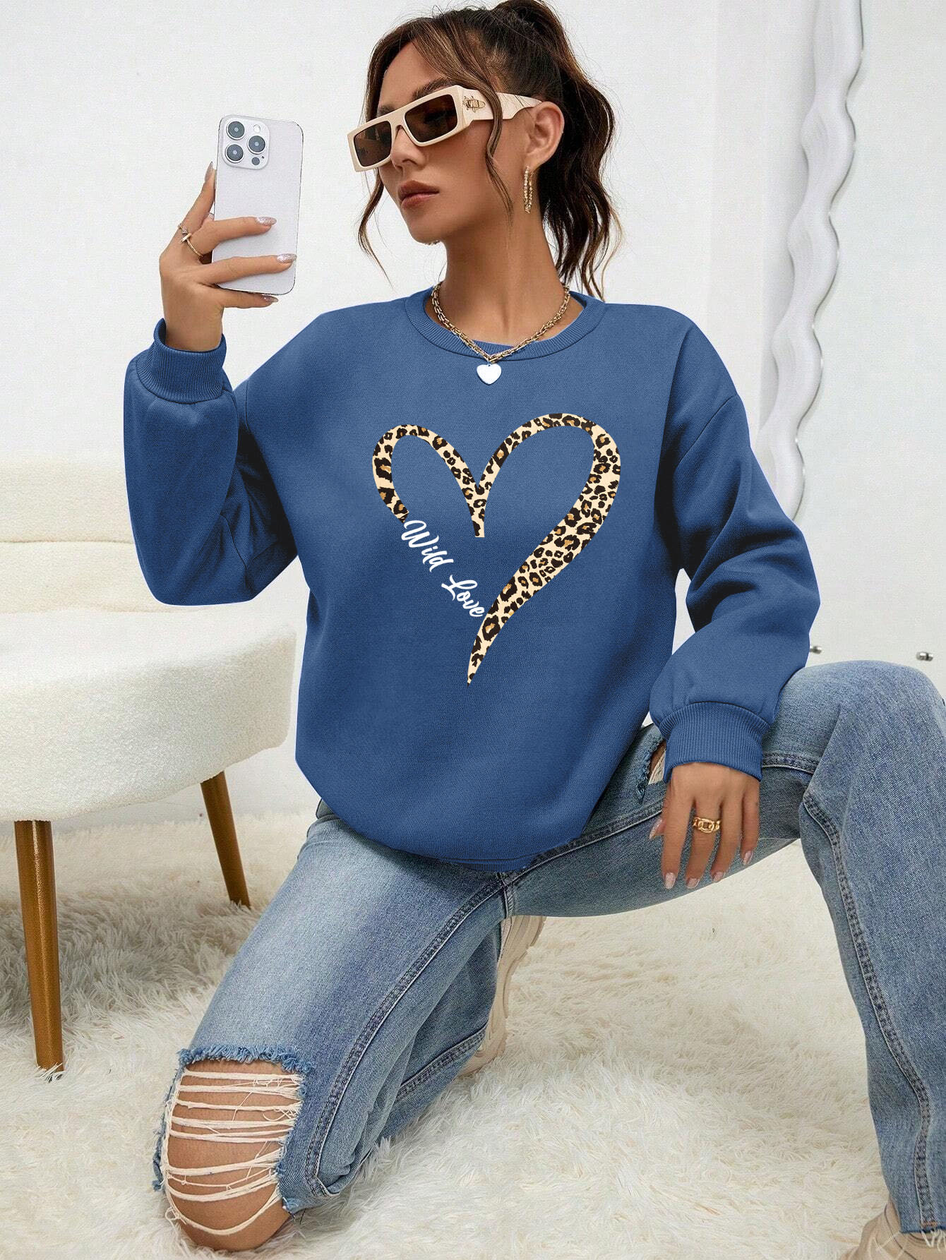 Sweat-shirt à col ras du cou pour femme, imprimé léopard, motif cœur sauvage, doublure en fourrure, pull Hipster, vêtements assortis avec tout