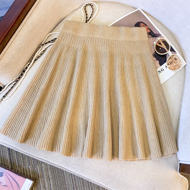 Jupes plissées en tricot pour femmes, couleur unie, décontractées, polyvalentes, basiques, coupe trapèze, automne-hiver, taille haute élastique, jupe courte