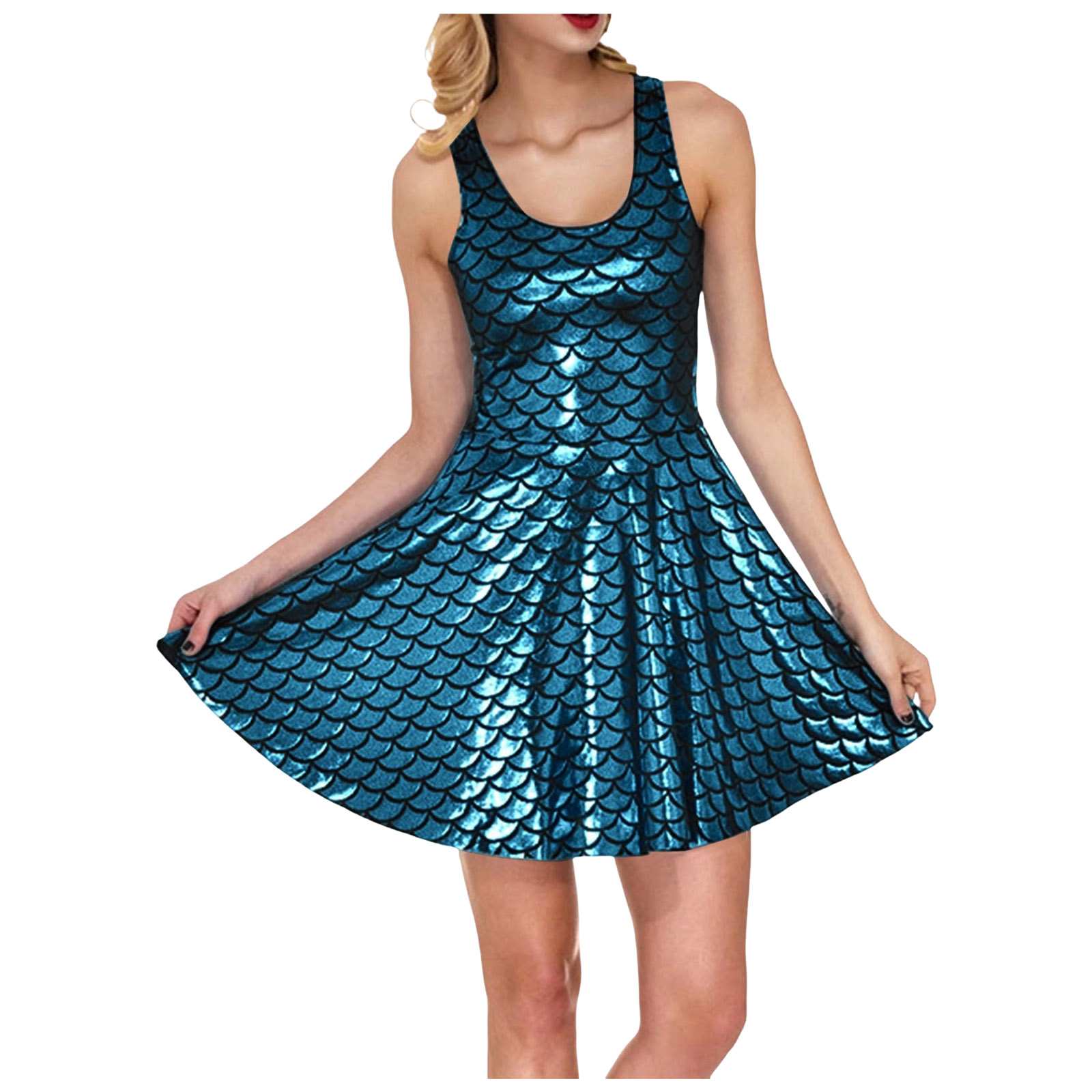 Robe de cocktail pour femmes, costume de fête scintillant, robe swing, ligne A, métallique brillante, tenue de festival, cosplay, robe à écailles de poisson