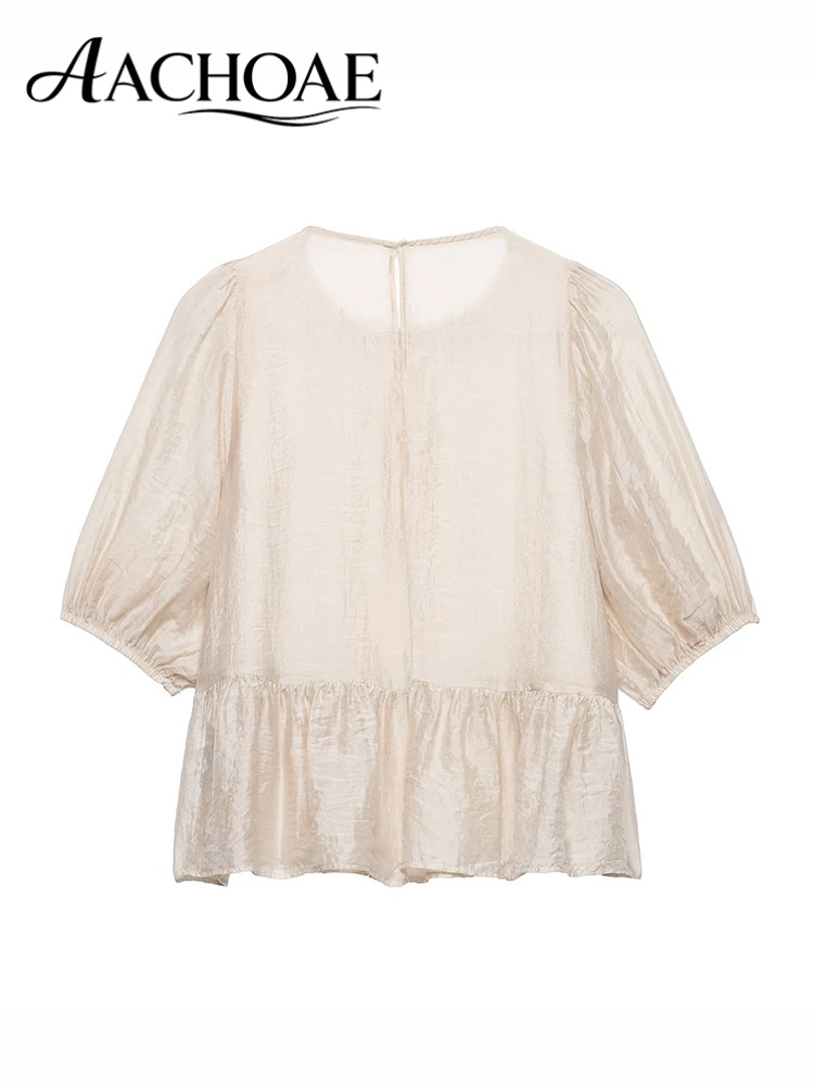 AACHOAE Blouse en dentelle pour femme, style peplum, manches bouffantes, haut en crochet, col rond élégant, ourlet à volants, coupe ample, chemise d'été, haut vintage bohème