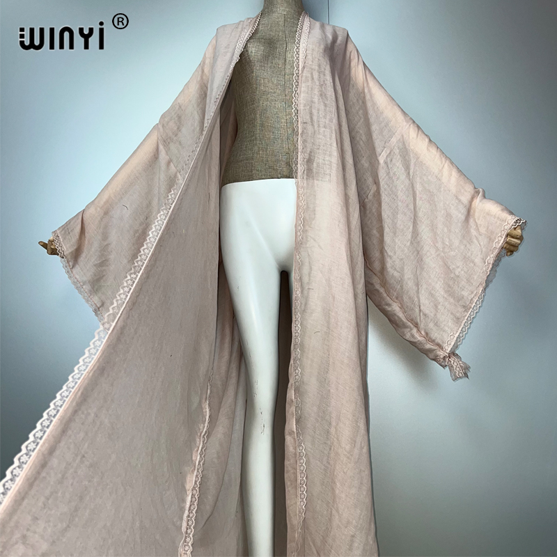 WINYI Kimono Bohème Nouveau Manteau Femme Ample à Pompons Longue Robe de Plage Vacances Couverture de Bain Robes de Soirée Luxe Dubaï Abaya