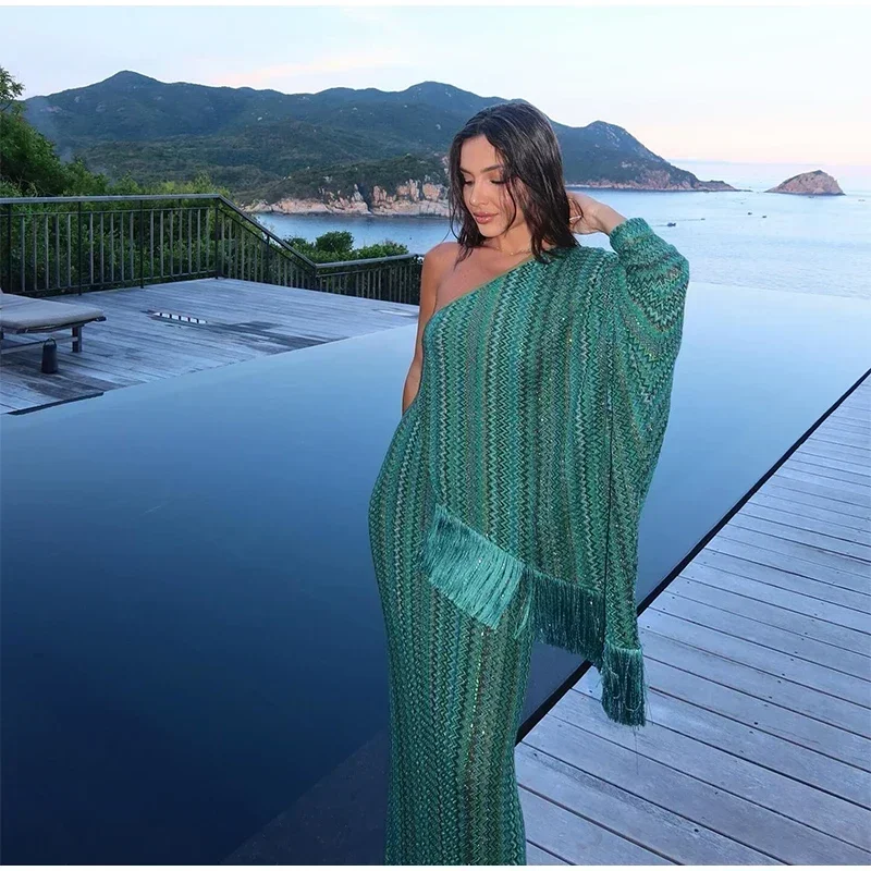 Robe longue tricotée à franges pour femmes, élégante, ample, col en v, manches longues, écharpe, Robes d'été, plage, vacances, nouvelle collection 2025