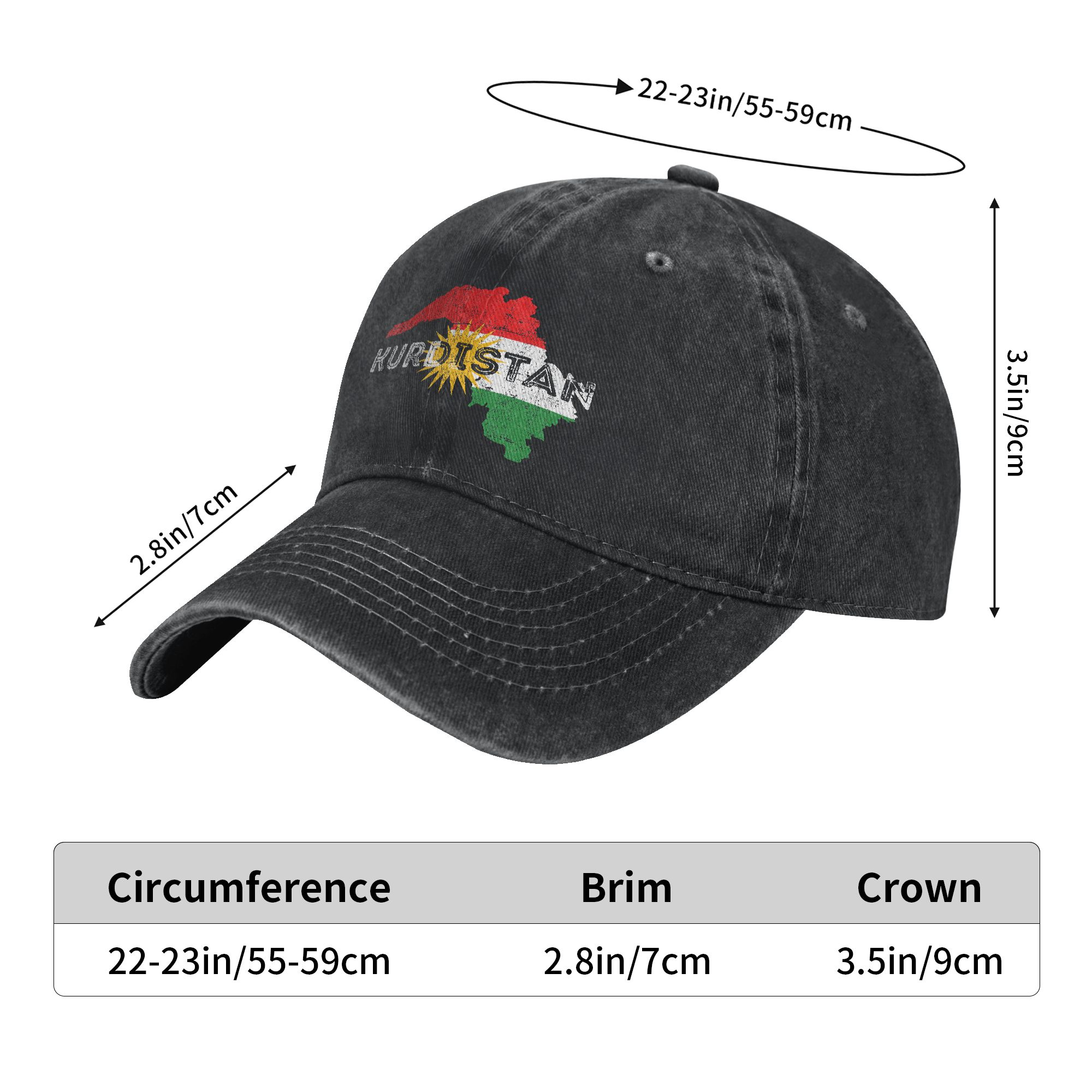 Casquettes de baseball unisexe en jean vieilli avec drapeau du Kurdistan et carte du Kurdistan, style vintage, pour activités de plein air, réglables