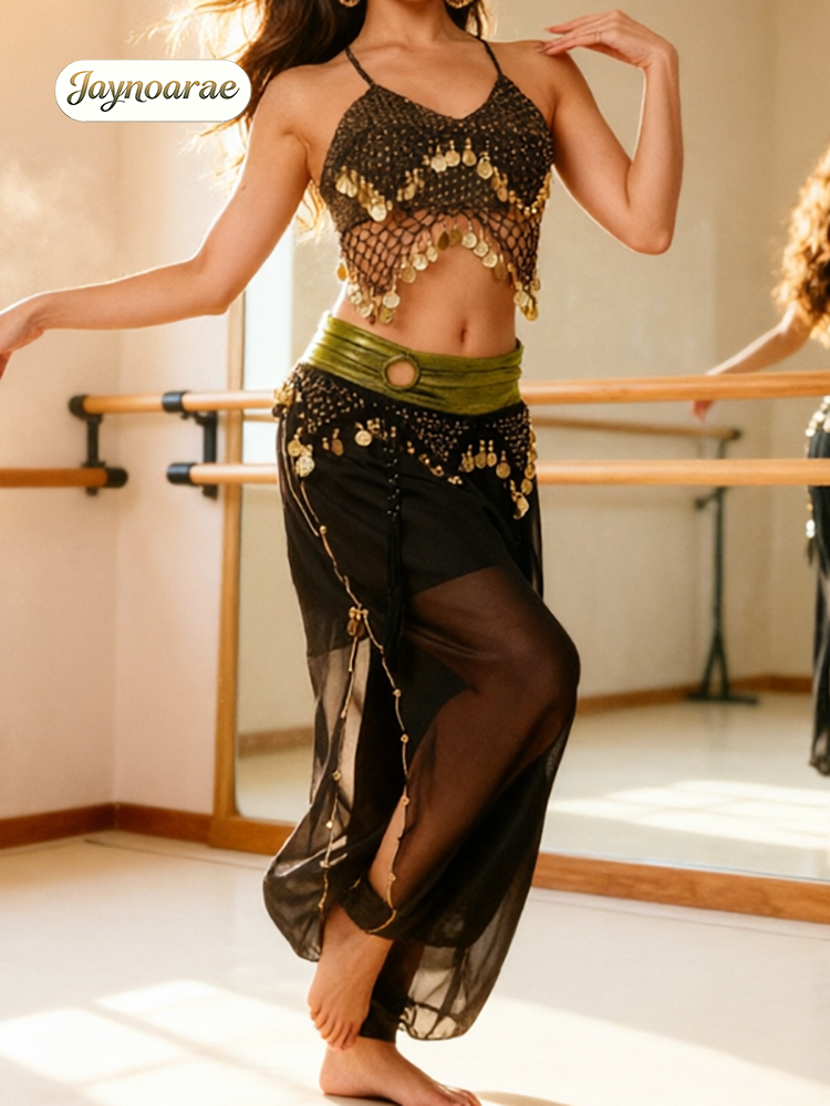 Ensemble de danse indienne Bollywood pour femmes JAYNOARAE, comprenant un soutien-gorge à paillettes scintillantes et un pantalon sarouel à jambes évasées.
