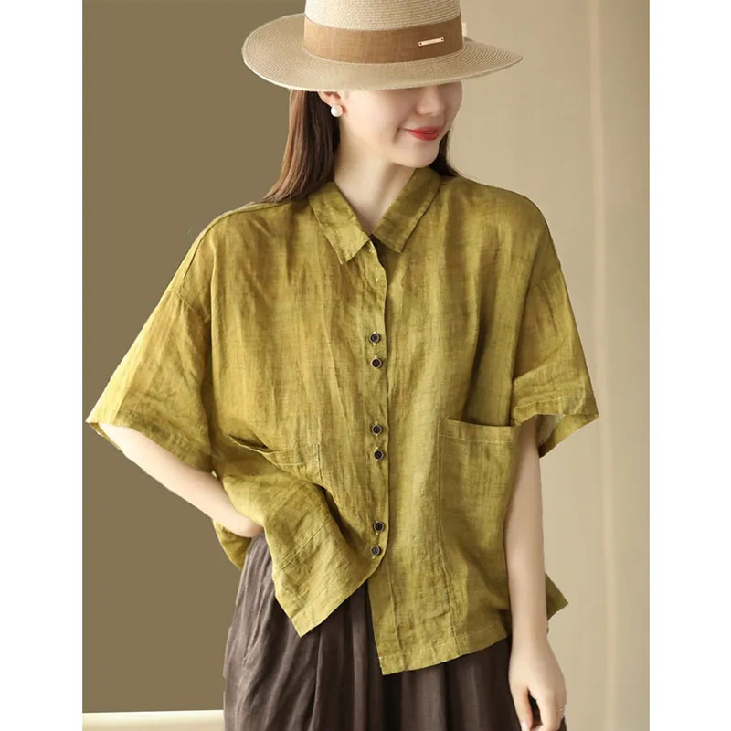 Chemisier femme 2025 printemps été couleur unie ample coton et lin dames hauts tempérament lin respirant dame chemise décontractée